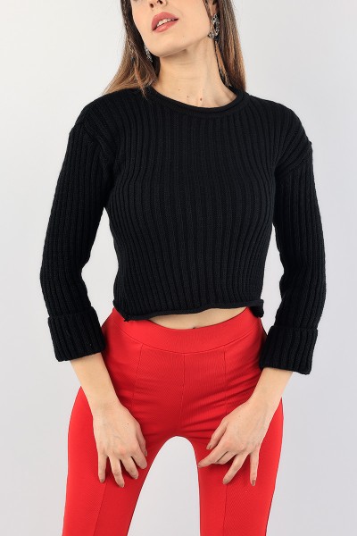 Siyah Crop Bayan Triko Kazak 89056