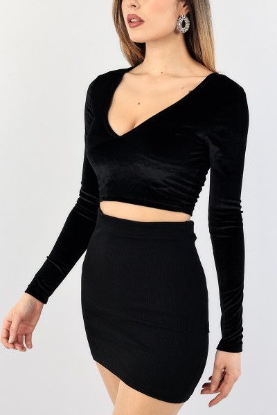 Siyah Crop Kadife Bluz 90429