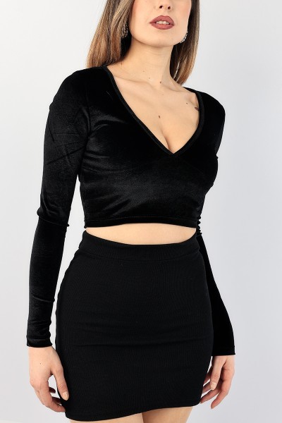 Siyah Crop Kadife Bluz 90429