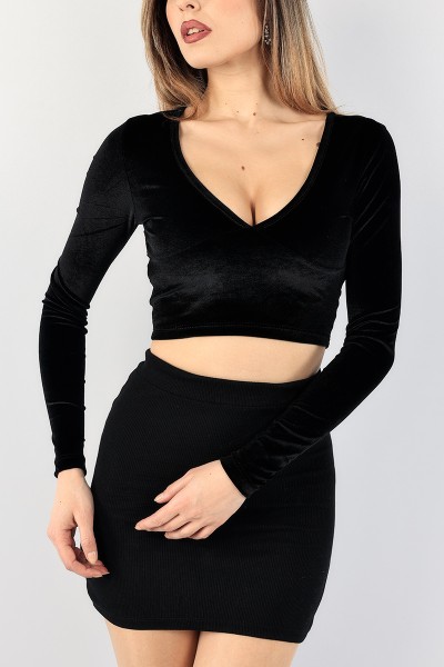 Siyah Crop Kadife Bluz 90429