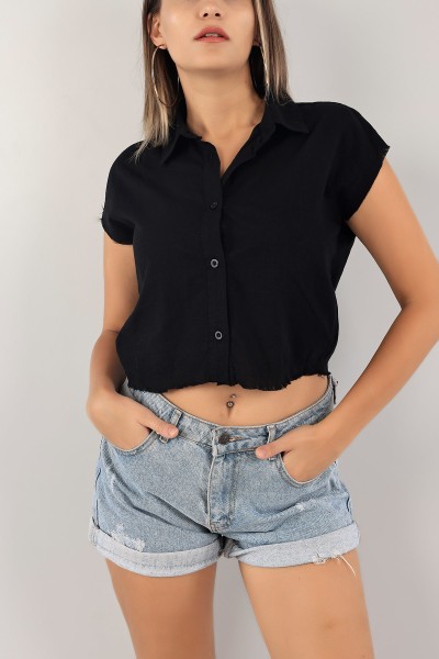 Siyah Crop Keten Gömlek 124644