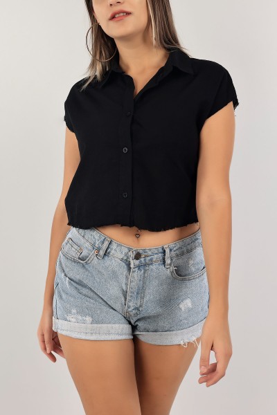 Siyah Crop Keten Gömlek 124644