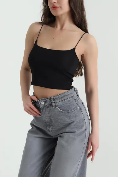 Siyah Dalgıç İp Askılı Kadın Crop 456121