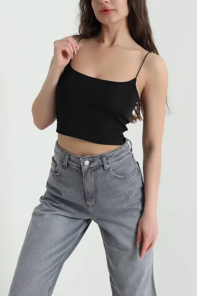 Siyah Dalgıç İp Askılı Kadın Crop 456121