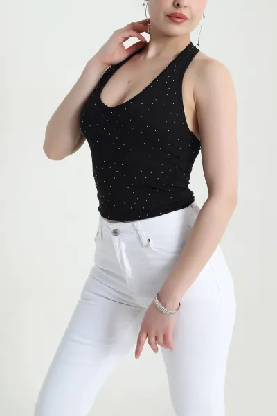 Siyah Dalgıç Kumaş Serpme Taşlı Kadın Bluz 454642