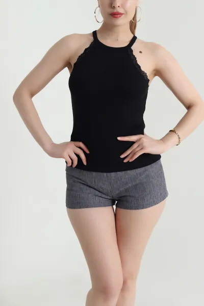 Siyah Dantel Detay Halter Kadın Bluz 466469