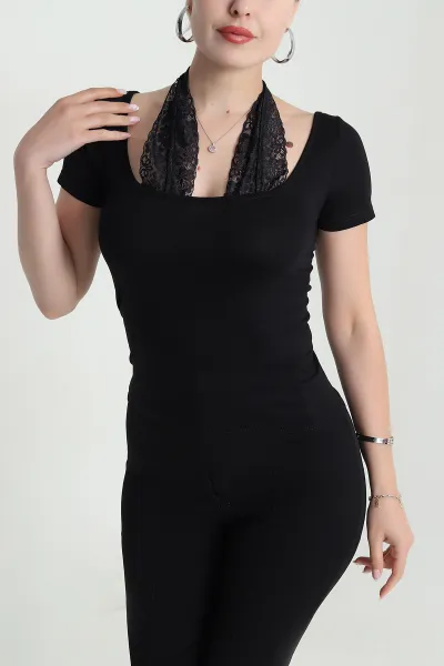 Siyah Dantel Detay Viskon Kadın Bluz 477590