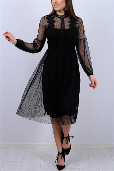 Siyah Dantel Detaylı Bayan Elbise 11862B