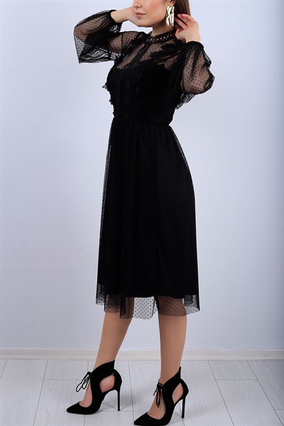Siyah Dantel Detaylı Bayan Elbise 11862B