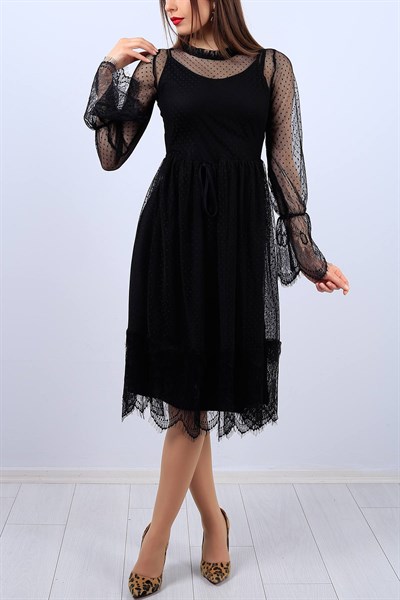 Siyah Dantel Detaylı Bayan Tül Elbise 11624B