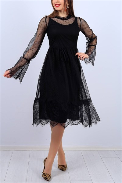 Siyah Dantel Detaylı Bayan Tül Elbise 11624B