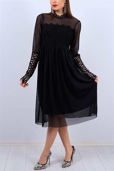 Siyah Dantel Deyalı Bayan Tüllü Elbise 11955B