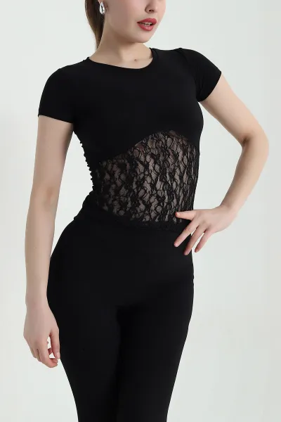 Siyah Dantel Garnili Kadın Sandy Bluz 448666