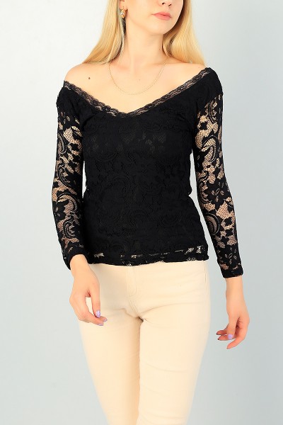 Siyah Dantel Tasarım Astarlı Bluz 73161