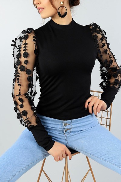 Siyah Dantel Tasarımlı Likralı Bluz 44445
