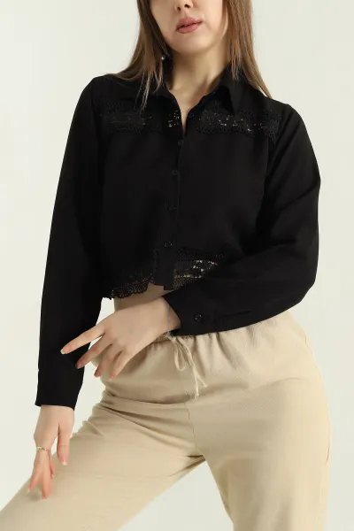 Siyah Dantelli Bayan Keten Gömlek 336693