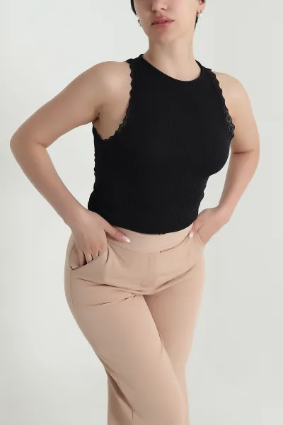 Siyah Dantelli Burgu Kadın Atlet Bluz 463014