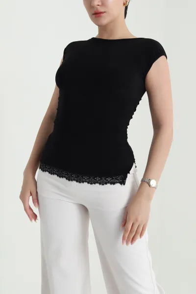Siyah Dantelli Büzgülü Likralı Sandy Kadın Bluz 469483