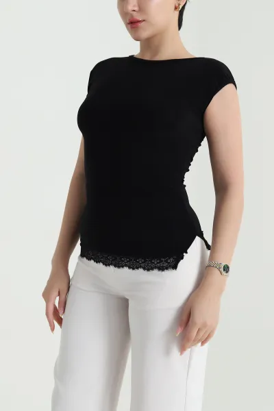 Siyah Dantelli Büzgülü Likralı Sandy Kadın Bluz 469483