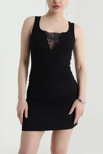 Siyah Dantelli Fitilli Kadın Bluz 456130