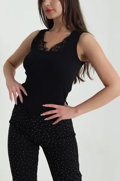 Siyah Dantelli Fitilli Kadın Bluz 459295