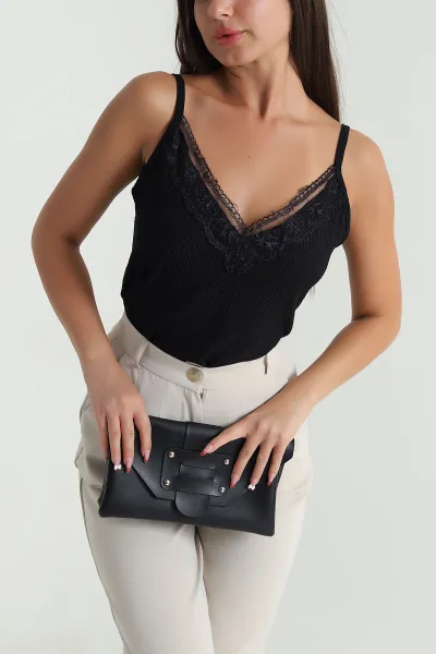 Siyah Dantelli İp Askılı Bürümcük Kadın Bluz 476109