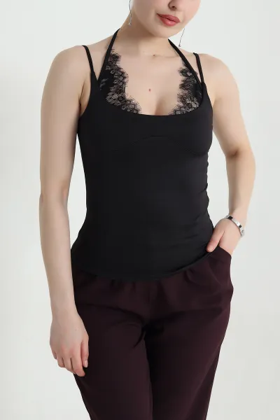 Siyah Dantelli İp Askılı Scuba Kadın Atlet 454738