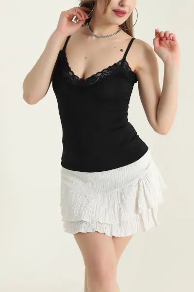 Siyah Dantelli İp Askılı Scuba Kadın Bluz 432373