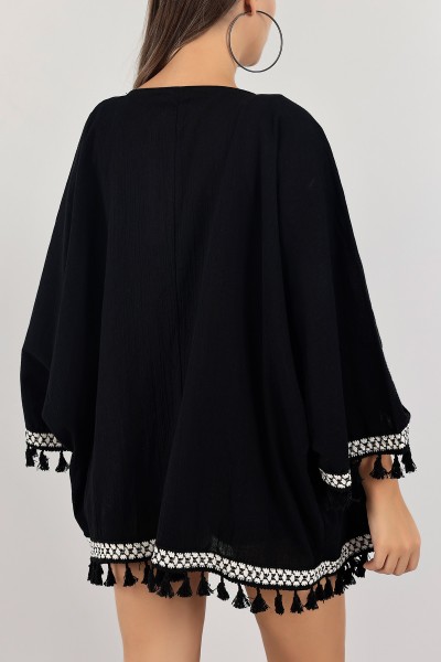 Siyah Dantelli Keten Kimono Hırka 124766