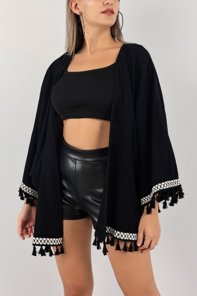 Siyah Dantelli Keten Kimono Hırka 124766