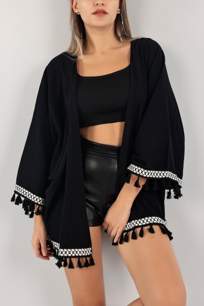 Siyah Dantelli Keten Kimono Hırka 124766