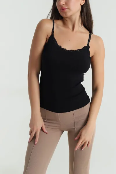 Siyah Dantelli Likralı Penye Kadın Atlet 475336