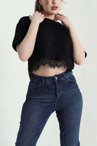 Siyah Dantelli Modal Kadın Bluz 441403