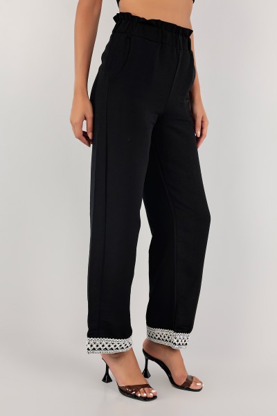 Siyah Dantelli Palazzo Keten Pantolon 124018