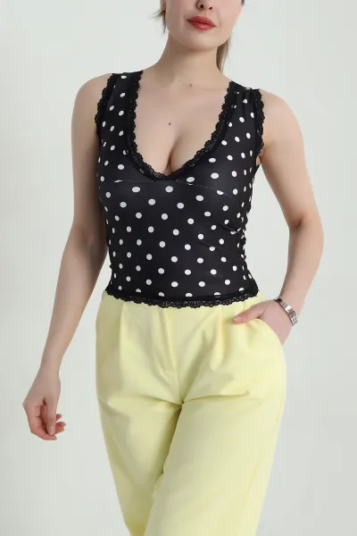 Siyah Dantelli Puantiyeli Sandy Kadın Bluz 459002