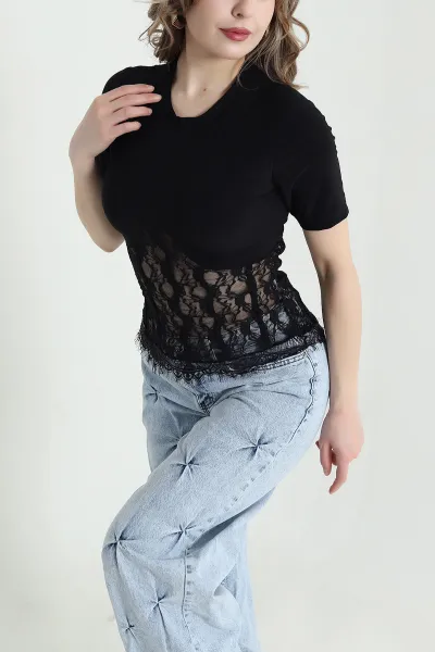 Siyah Dantelli Sandy Kadın Bluz 441546