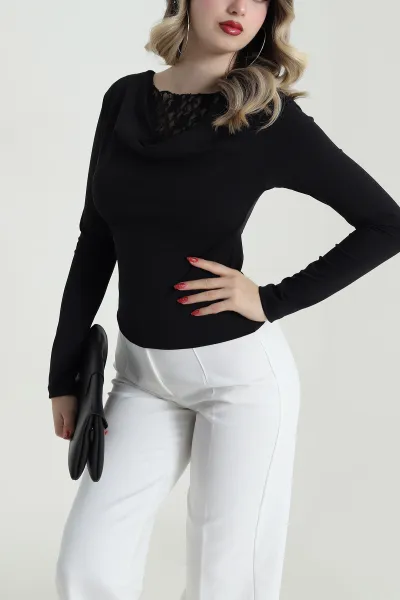 Siyah Dantelli Scuba Kadın Bluz 485201