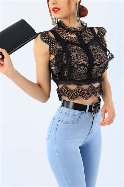Siyah Dantelli Tasarım Bluz 33890