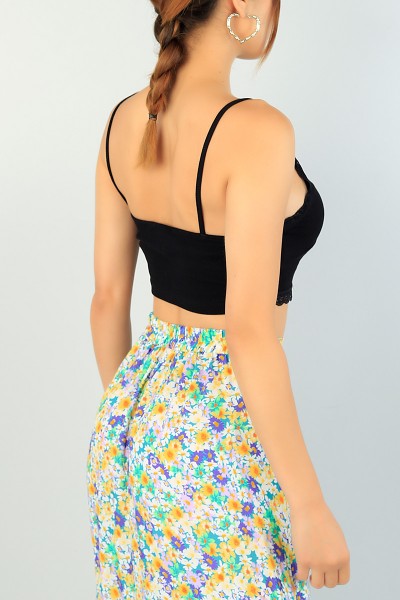 Siyah Dantelli Tasarım Fitilli Crop Atlet 72811