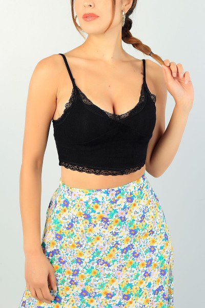 Siyah Dantelli Tasarım Fitilli Crop Atlet 72811