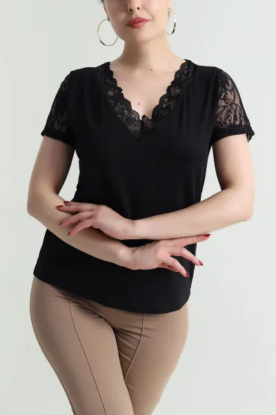 Siyah Dantelli Tasarım Kadın Bluz 468389