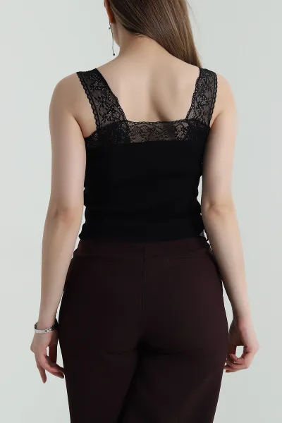 Siyah Dantelli Triko Kadın Atlet 456799