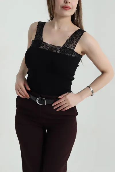Siyah Dantelli Triko Kadın Atlet 456799