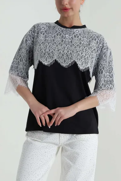 Siyah Dantelli Tül Kadın Bluz 458372