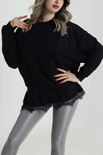 Siyah Dantelli Üç İp Kadın Sweat 486600