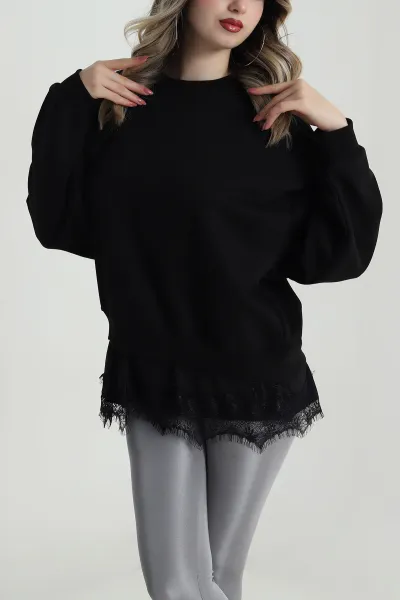 Siyah Dantelli Üç İp Kadın Sweat 486600