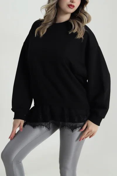 Siyah Dantelli Üç İp Kadın Sweat 486600