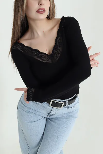 Siyah Dantelli V Yaka Buzzy Kadın Bluz 439812