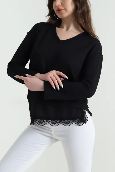 Siyah Dantelli V Yaka Kadın Modal Bluz 446655