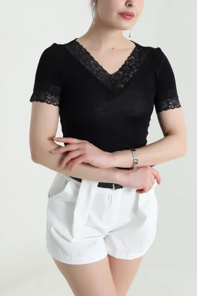 Siyah Dantelli V Yaka Transparan Kadın Bluz 456730